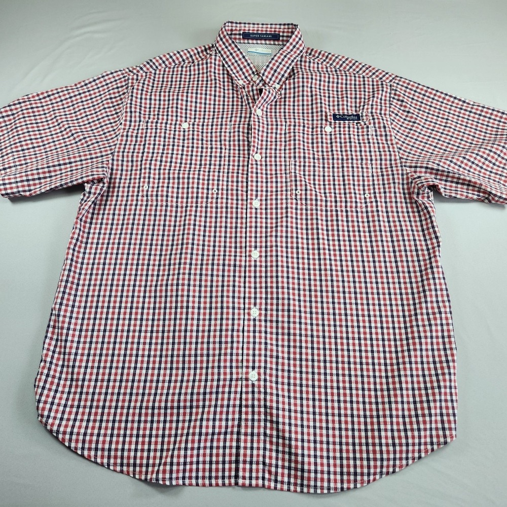 Columbia PFG Super Tamiami Red White Blue Plaid Fishing Shirt Mens Large